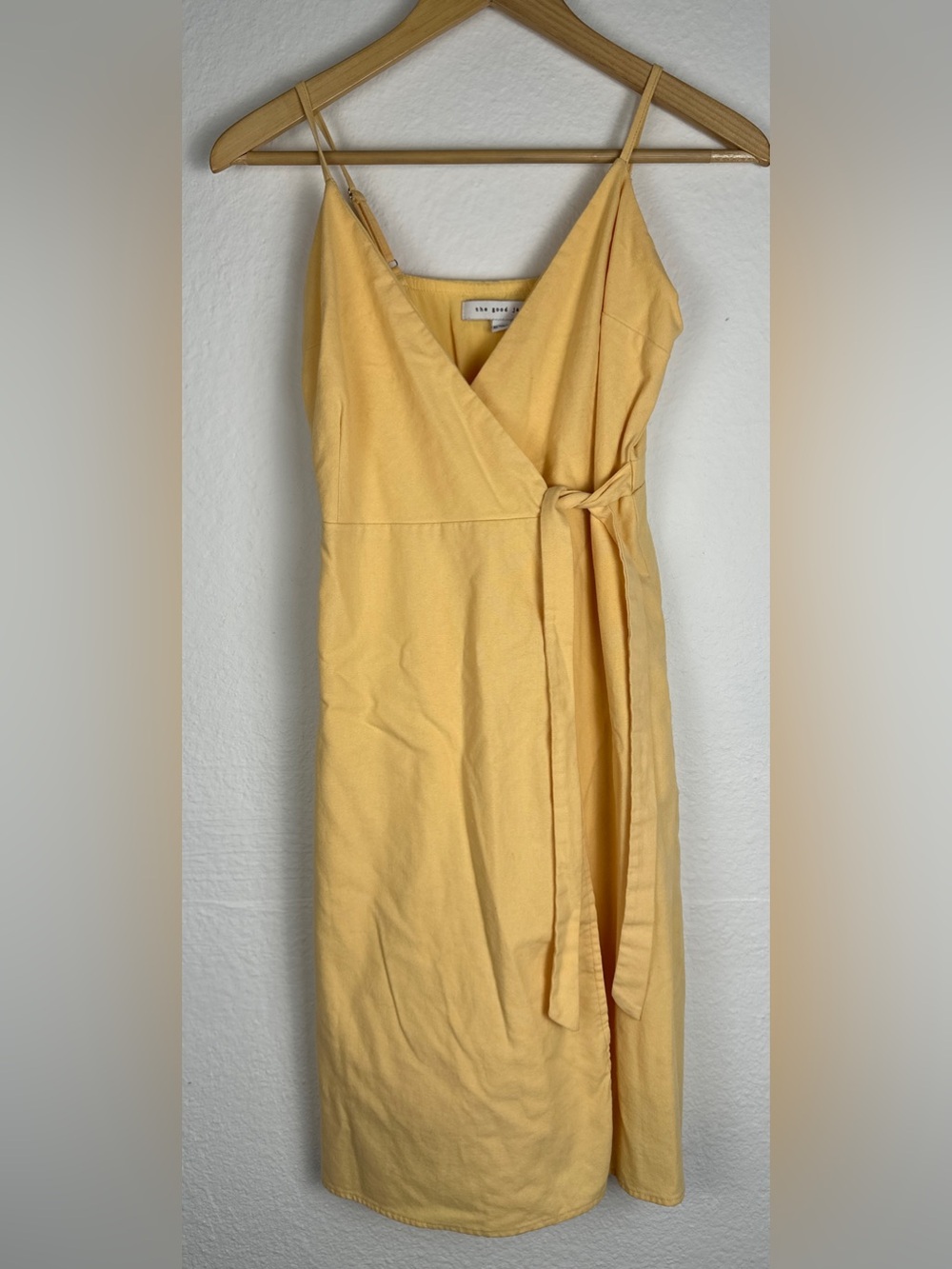 The Good Jane Canary Island Wrap Dress XS Yellow Linen Blend Midi Sundress